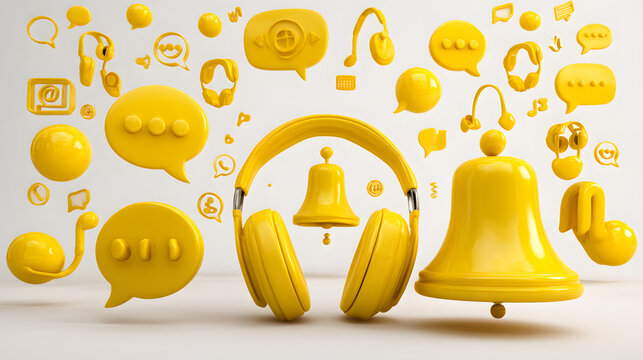 A vibrant collection of yellow musical elements featuring headphones, chat bubbles, and a bell, creating a playful mood.