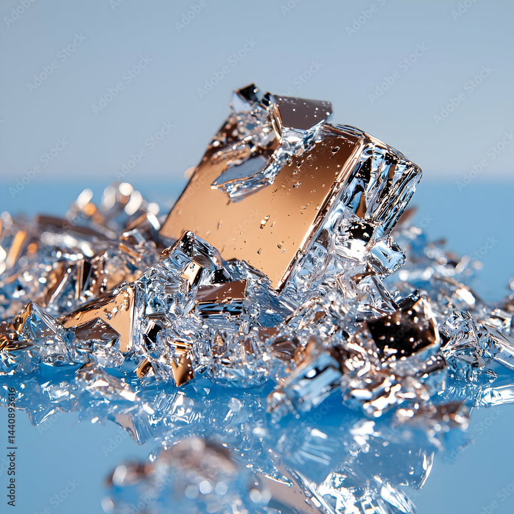 Poster an abstract image features a broken reflective object. the shards are scattered creating a dynamic s