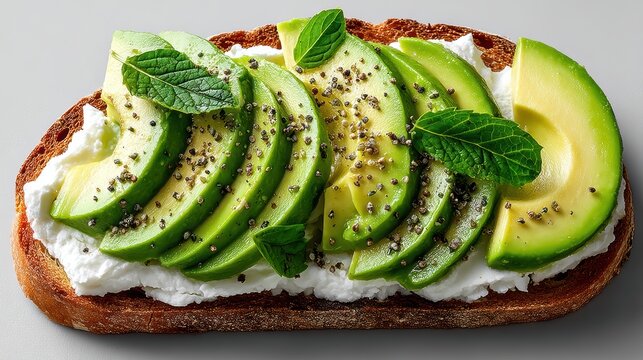a close-up of a freshly sliced, creamy avocado toast on a white isolated background, healthy and trendy design