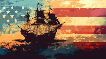 American Heritage: A weathered silhouette of a ship sailing majestically against a faded American flag, evoking a sense of historical significance and national pride.