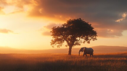 Majestic elephant resting near a lone tree at golden hour.