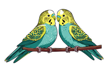 Fototapeta premium Two Budgies Perched Together, stylized art illustration of two budgies perched close together on a branch, Budgerigar, common parakeet, shell parakeet or budgie (Melopsittacus undulatus)