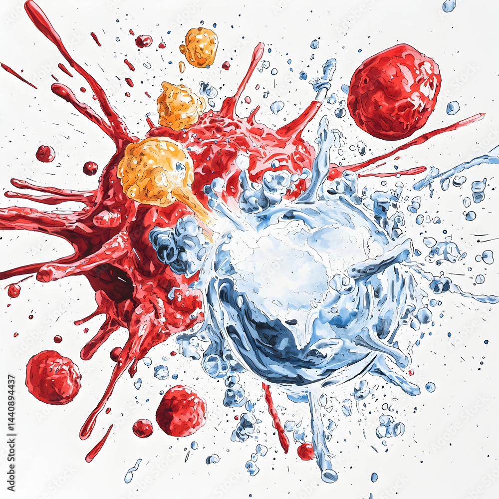 Poster abstract watercolor illustration depicting cellular structures and a dynamic interaction possibly re