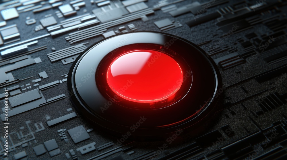 Poster Red button on futuristic circuit board background with high-tech design elements