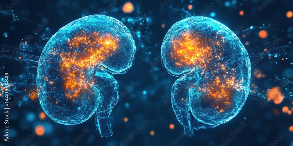 Poster digital representation of human brain with neural connections and glowing activity