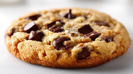 a close-up of a fresh, soft chocolate chip cookie with a golden-brown exterior on a white isolated background, warm and inviting design