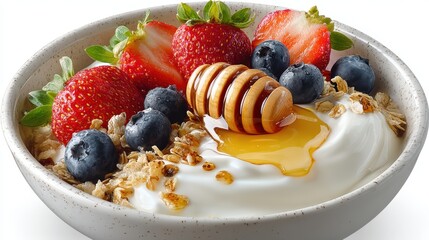 a fresh bowl of granola with yogurt, honey, and fresh fruit on a white isolated background, healthy and nourishing design
