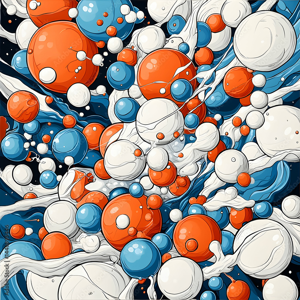 Poster abstract art with spheres of various colors and sizes floating against a stylized background. perfec