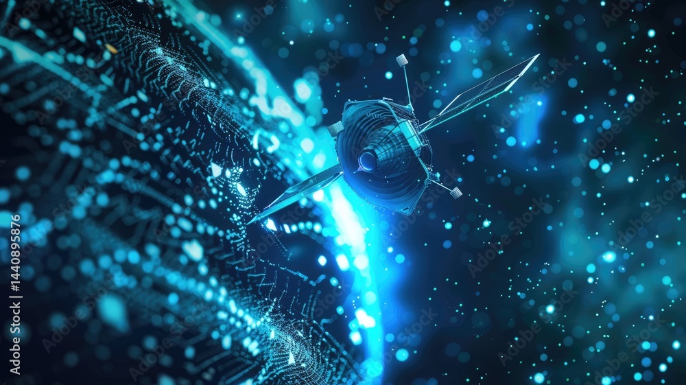 Poster the digital orbital satellite or technology of global information in space. tech style color represe
