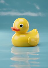 Captivating Rubber Duck on a Reflective Surface Against a Dreamy Sky Backdrop