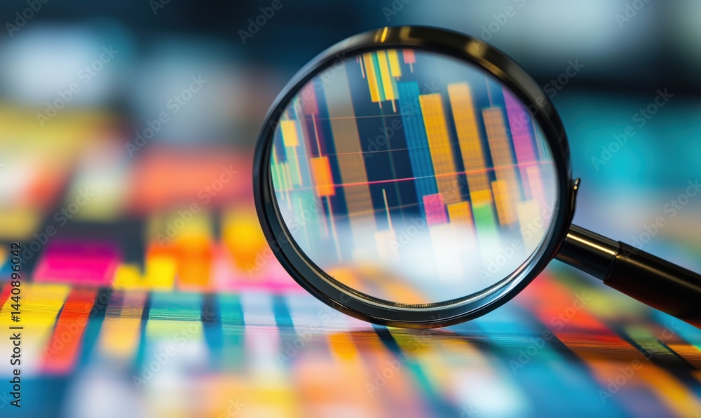 Aufkleber magnifying glass focusing on colorful data visualization and charts for analysis