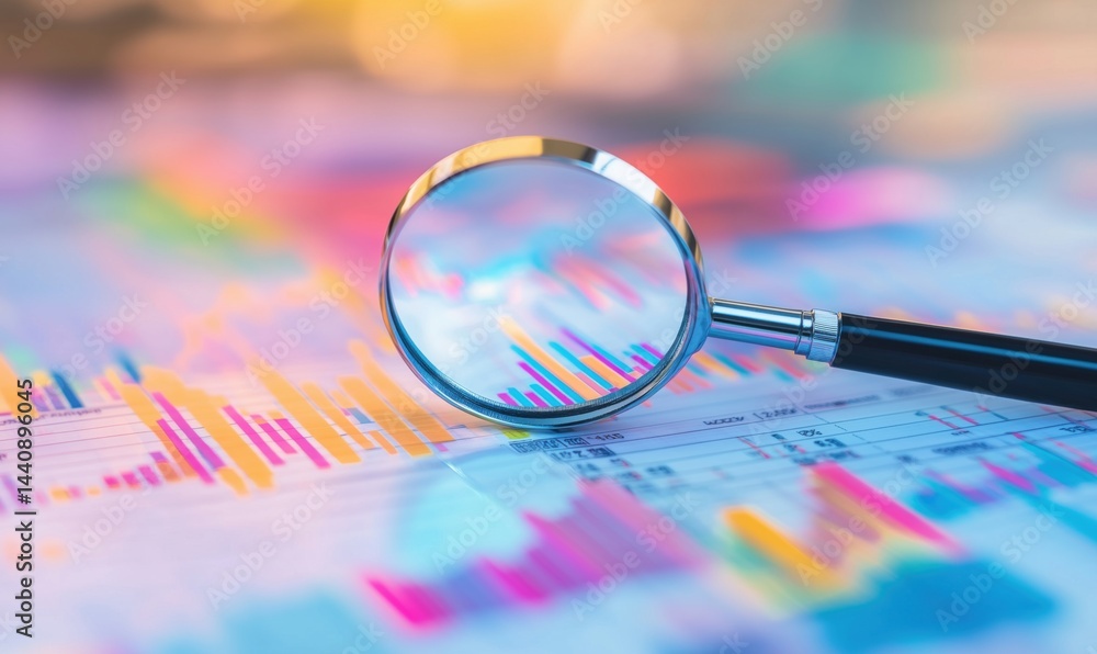 Poster data analysis with magnifying glass over colorful financial charts and graphs