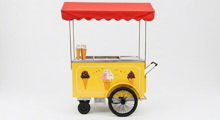 Ice Cream Cart: A vibrant, cheerful ice cream cart with a bright red canopy, offering a delightful selection of frozen treats on a sunny day.
