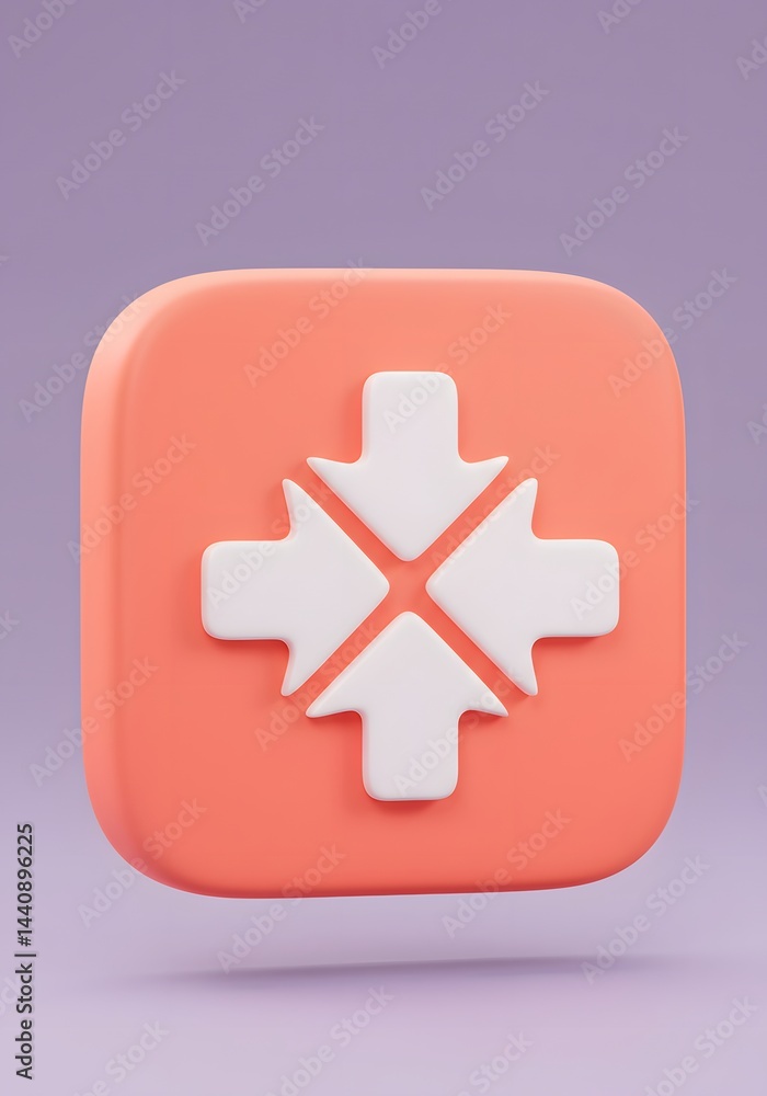 Poster minimalist peach icon with converging arrows representing compression or centralization, set against