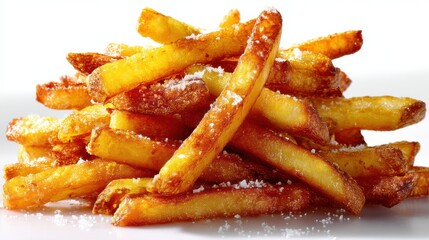 a fresh plate of crispy french fries with a golden crust on a white isolated background, crunchy and delicious design