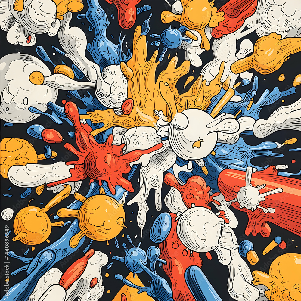 Poster vibrant abstract illustration featuring various blob-like shapes in dynamic composition. great for m
