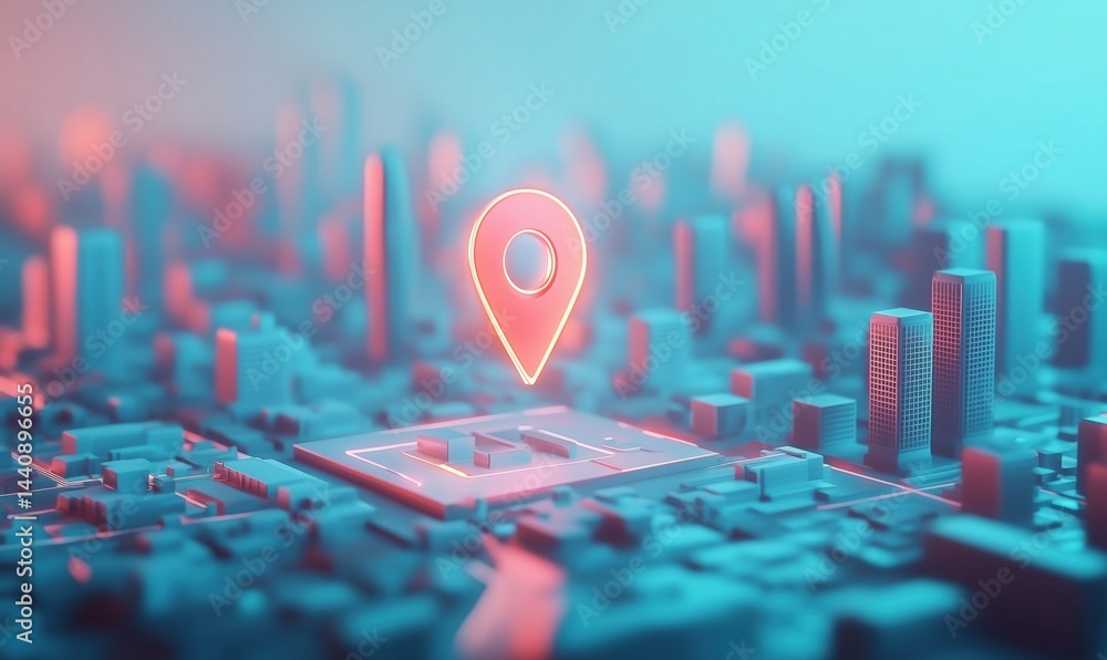 Poster 3d cityscape with glowing location pin symbolizing navigation and mapping technology