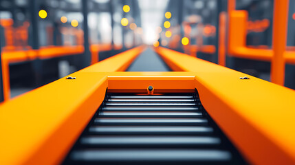 A bright orange conveyor belt in a modern industrial facility, surrounded by blurred lights and machinery in the background.