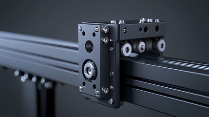 Close-up of a linear rail system with metal bearings and rollers, used for precise mechanical motion in industrial or automation applications.