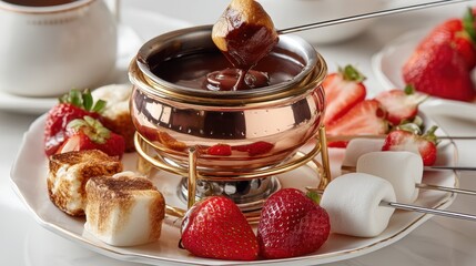 a close-up of a rich, chocolate fondue pot with fresh strawberries and marshmallows for dipping on a white isolated background, decadent and fun design