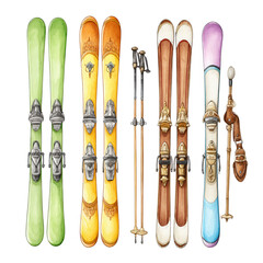 Watercolor illustration features colorful vintage skis and poles set nicely.