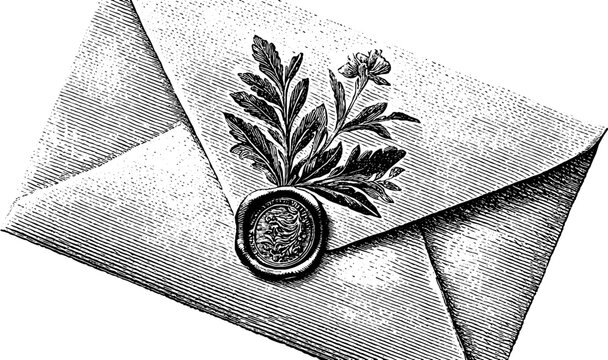 Vintage engraved illustration of elegant envelope with floral design for greeting cards.