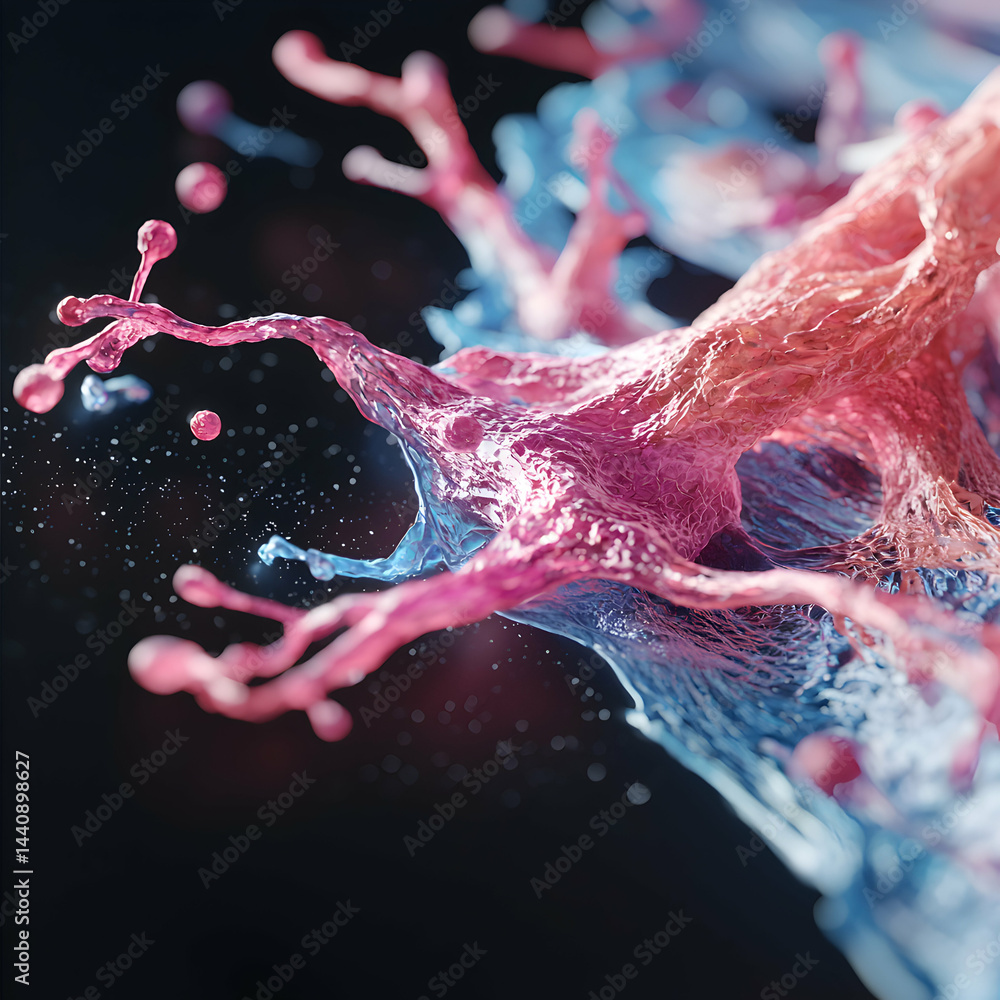 Poster a vibrant abstract rendering of fluid forms in pink and blue against a dark backdrop suggesting cell