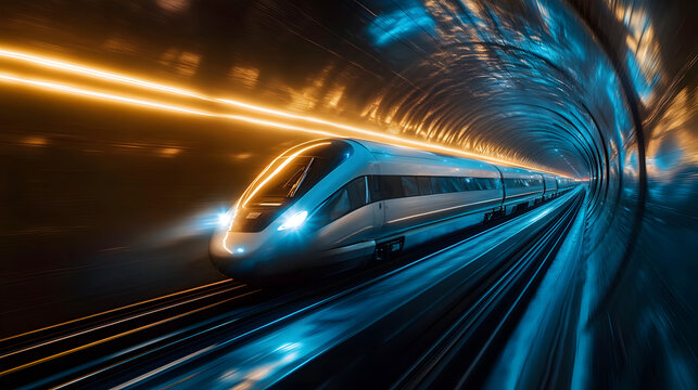 A futuristic hyperloop train speeding through a tunnel with glowing blue lights.