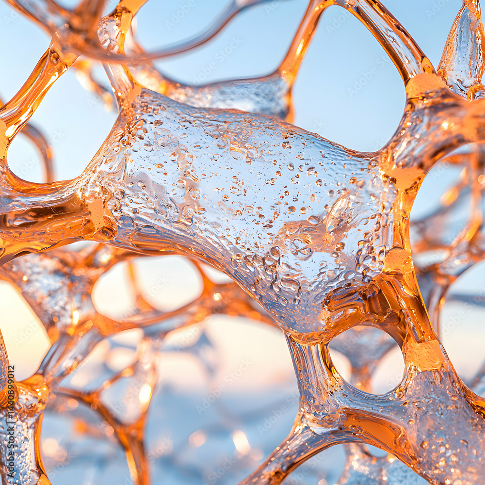 Poster an abstract macro image of translucent amber structures. suggests a microscopic cellular network per