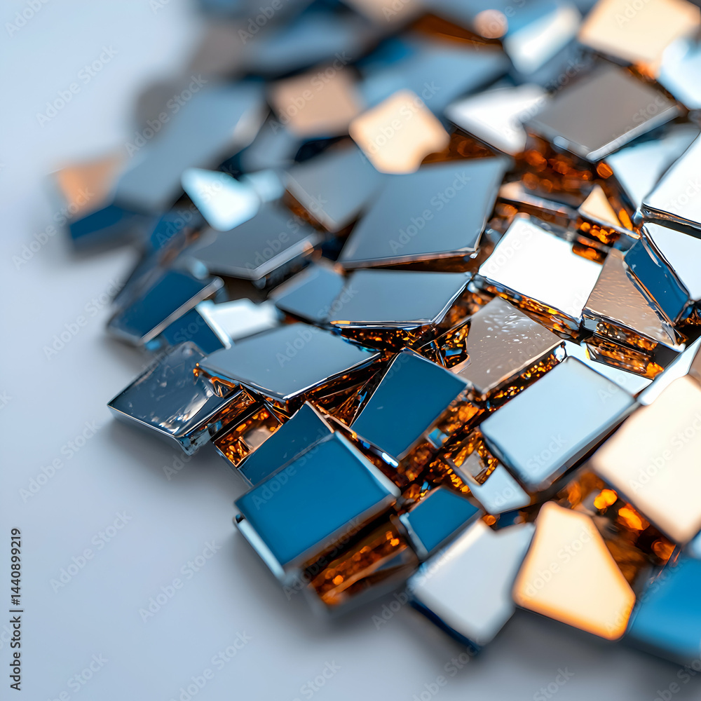 Poster a close-up showcases an array of mirrored tiles reflecting light. this image could be used for abstr