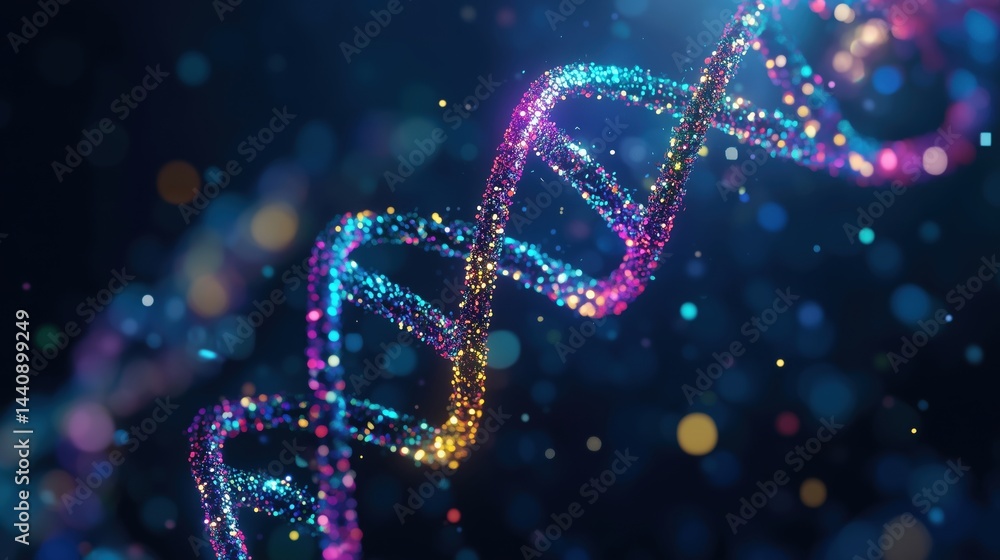 Poster colorful abstract representation of dna helix with sparkling particles and bokeh effect
