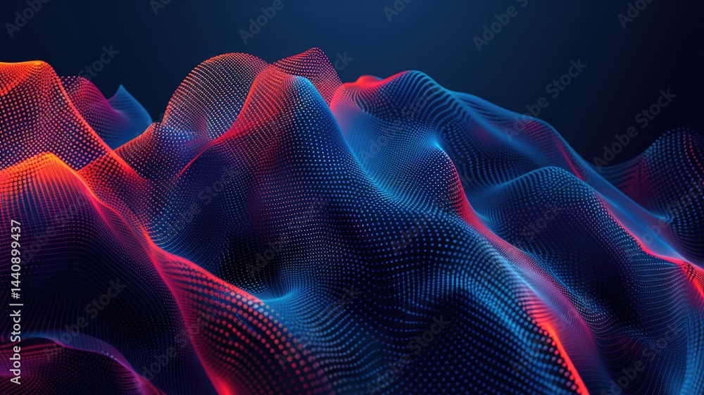 Poster swirling picture of red ray and blue light sparkling particles scattered across a space background, 