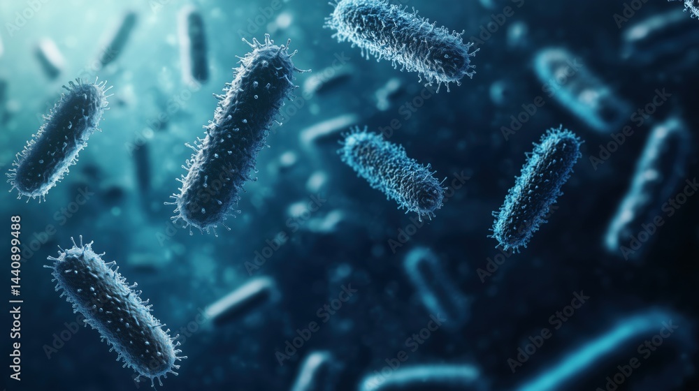 Poster microscopic view of bacteria in a fluid environment showcasing intricate structures