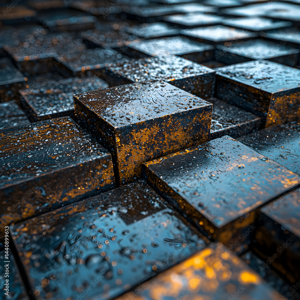 Poster close-up view of textured blocks with water droplets. ideal for abstract art backgrounds or digital 