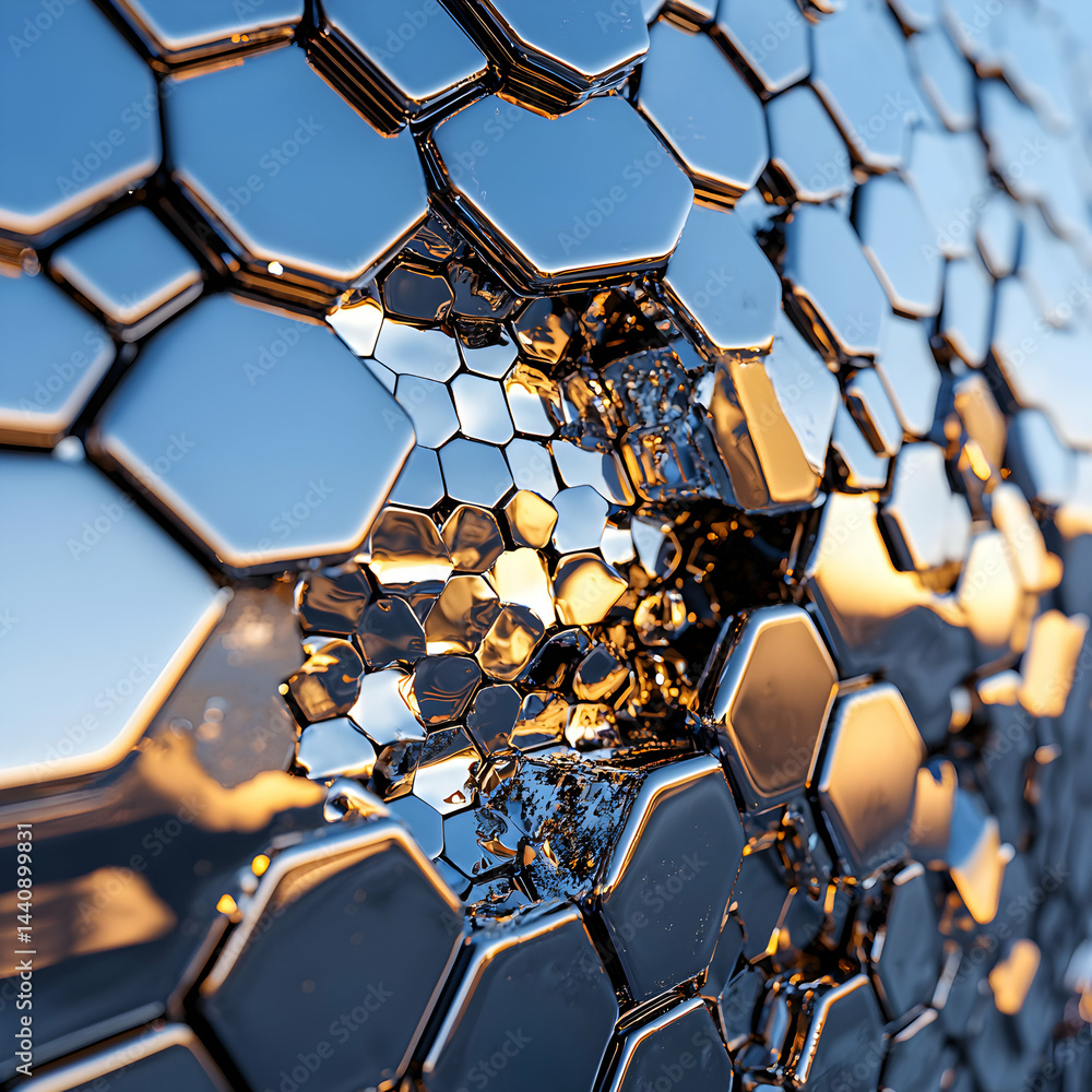 Poster an abstract close-up shows a pattern of reflective hexagonal shapes. suggests concepts like technolo