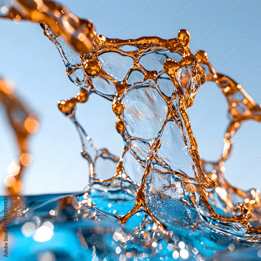 Poster a stunning macro shot of water creating intricate shapes. suitable for science education or artistic