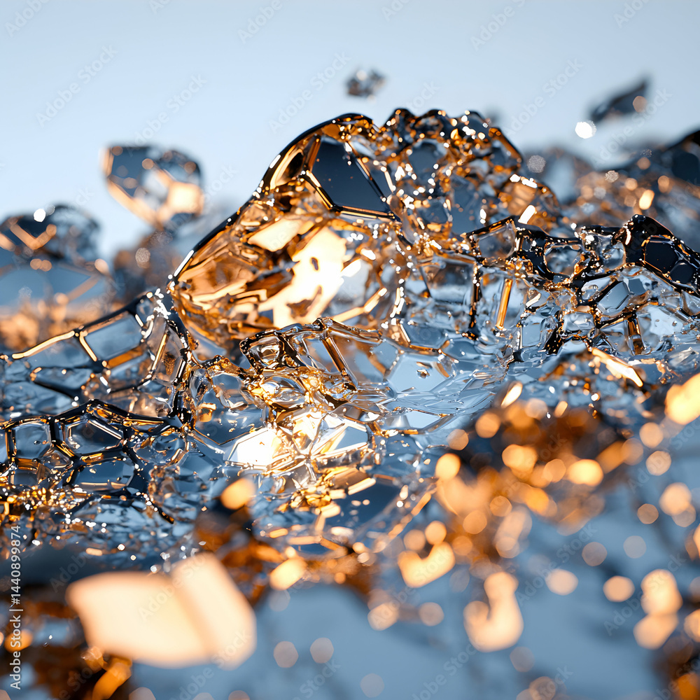 Poster abstract image features crystalline structures with golden and blue hues. could be used for visual e
