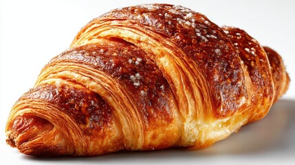 a close-up of a freshly baked croissant with a flaky, golden-brown crust on a white isolated background, buttery and delicious design