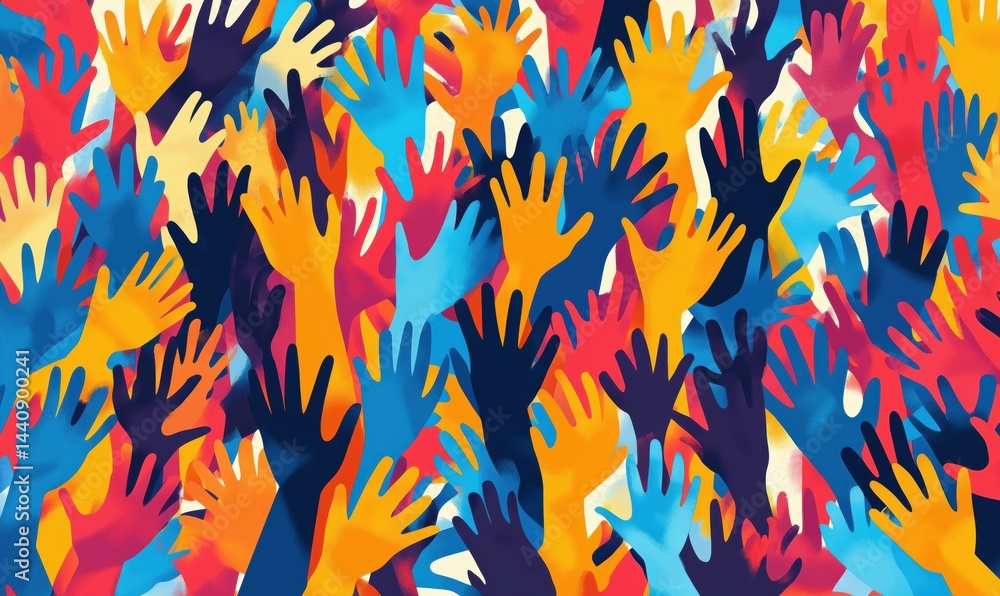 Poster colorful hands reaching out in vibrant patterns symbolizing unity and diversity