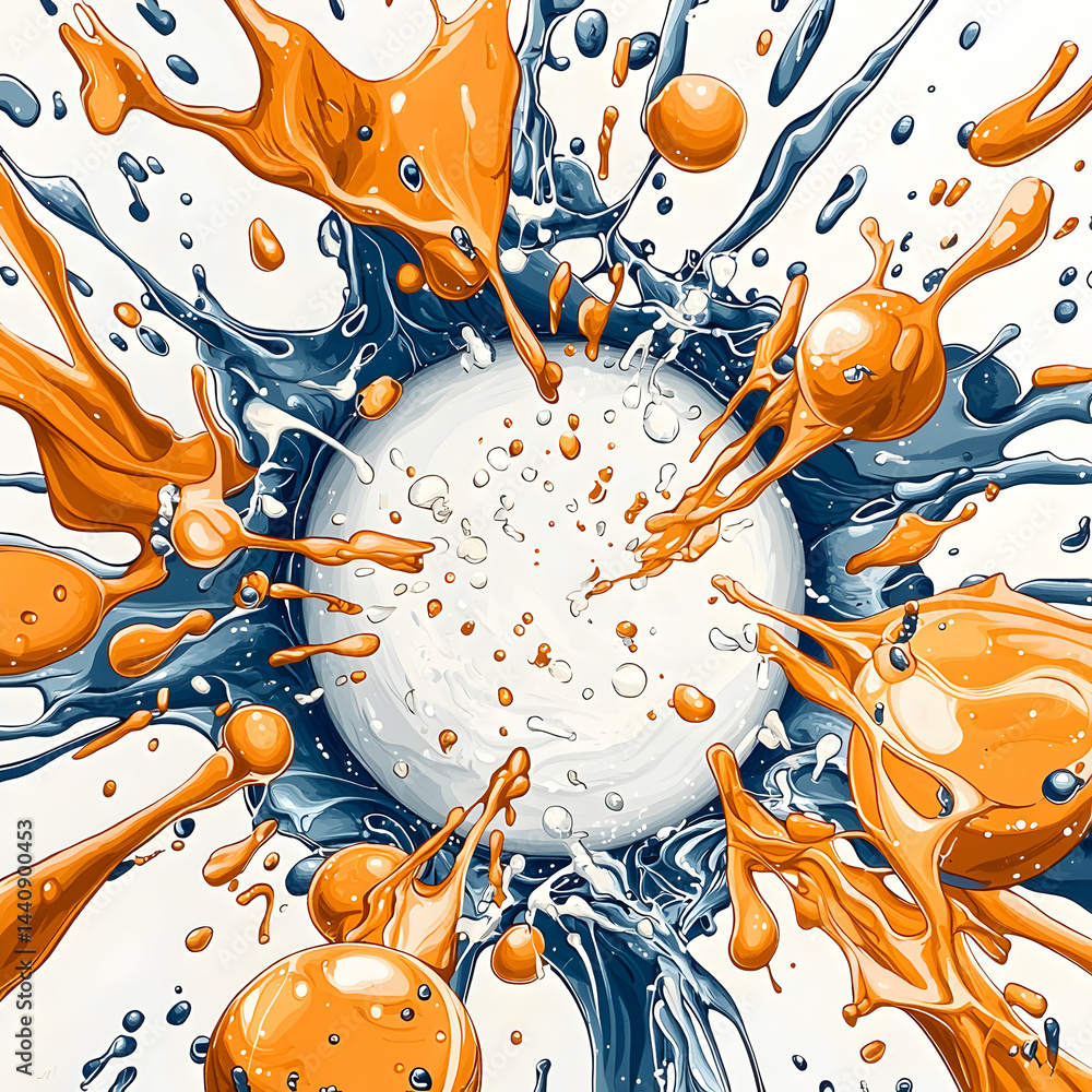 Poster an abstract explosion of colors and shapes resembling liquid splashes or paint splatters. perfect fo