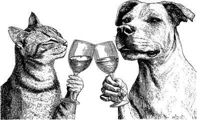 Engraved cat and dog celebrating with wine glasses - perfect for event invitations and pet-themed designs