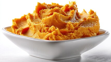 a close-up of a bowl of creamy mashed sweet potatoes with a smooth texture on a white isolated background, comforting and nutritious design