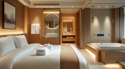Luxury hotel room with a spa-like bathroom
