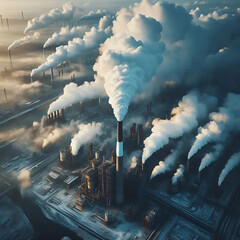 Sunrise silhouette of city landscape with smoking factory, ecology pollution concept