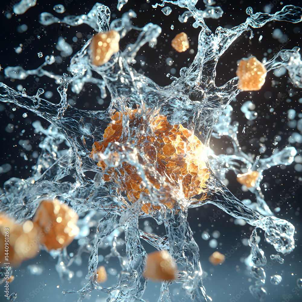 Poster a dynamic image showcasing a central orange structure with water splashing around it. it may symboli