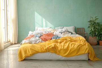 Cozy bedroom with a messy bed and natural light in a serene atmosphere