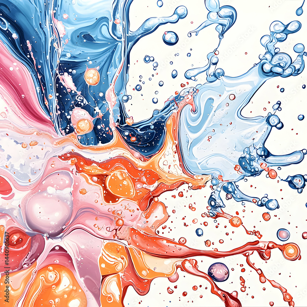 Poster an abstract vibrant splash of colors showcasing fluid dynamics. ideal for artistic prints background