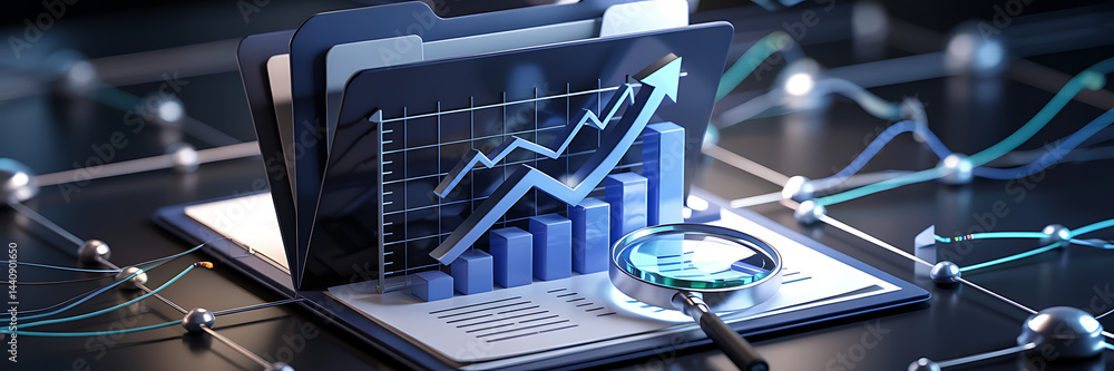 Poster data analysis and growth trends displayed in digital graph and folders