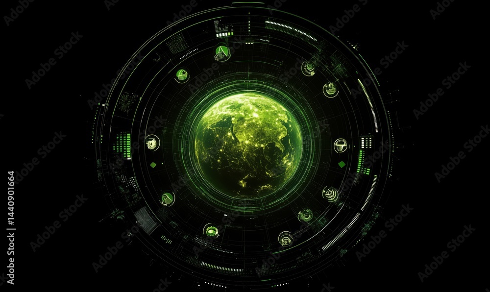 Poster futuristic digital globe with green technology interface and data visualization elements