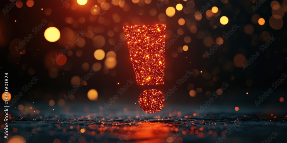Poster glowing exclamation mark symbol with sparkling particles and bokeh background